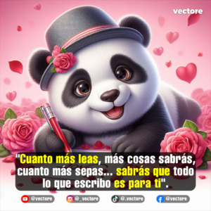 Ilustración digital en 3D de un dulce oso panda bebé que lleva un sombrero gris con una rosa rosa, sosteniendo un bolígrafo rojo listo para escribir una carta de amor en un entorno lleno de rosas y corazones flotantes.