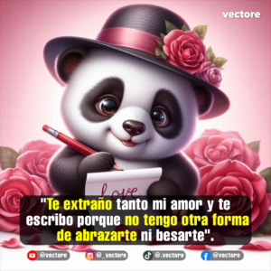 Gráfico romántico de un tierno osito panda con un sombrero oscuro adornado con rosas rosadas, sosteniendo un bloc de notas donde se lee la palabra "love" escrita a mano, rodeado de un fondo suave con rosas.