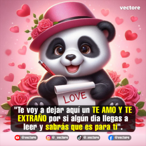 Dibujo tierno en 3D de un oso panda sonriente con un sombrero rosado, sosteniendo una nota enrollada con la palabra "LOVE" en letras rojas, rodeado por un ramo de rosas y corazones sobre un fondo rosa pastel.