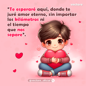 Caricatura de un niño sentado con las piernas cruzadas sonriendo tiernamente mientras abraza un gran corazón rojo, vestido con un suéter café y jeans, sobre un fondo rosa suave con pequeños corazones flotantes.