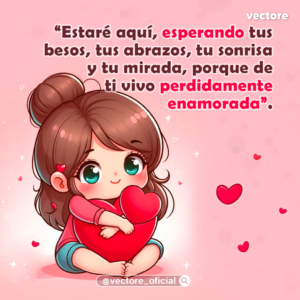 Ilustración de una niña sentada con el cabello recogido en un moño alto, sonriendo con ternura y abrazando un corazón rojo grande, rodeada de un fondo rosa pastel con destellos y corazones flotando a su alrededor.
