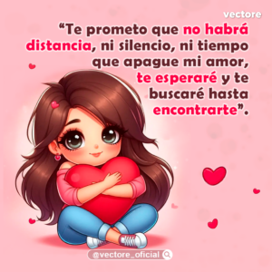 Ilustración infantil de una niña de cabello largo castaño sentada con las piernas cruzadas en el suelo, abrazando fuertemente un gran corazón rojo con una mirada dulce, en un fondo romántico rosa con corazones.
