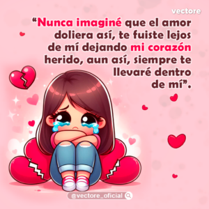 Dibujo emocional de una niña llorando con grandes lágrimas en los ojos, sentada y acurrucada con los brazos cruzados sobre sus rodillas en medio de un corazón rojo roto por la mitad sobre un fondo rosado triste.