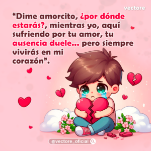 Ilustración animada de un niño con lágrimas en los ojos sentado sobre una nube blanca, abrazando un corazón rojo que está roto por la mitad, rodeado de un fondo rosa pastel con pequeños corazones rotos flotando.
