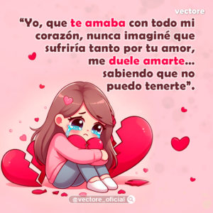 Dibujo tierno de una niña llorando y acurrucada en el suelo mientras abraza un pequeño corazón, recostada contra un enorme corazón rojo dividido y roto a la mitad en un fondo rosado.