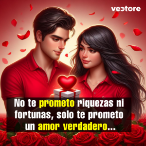 Ilustración de una pareja joven mirándose con ternura mientras sostienen juntos una pequeña caja de regalo blanca con un corazón rojo brillante encima, rodeados de rosas rojas y pétalos flotantes en el aire.