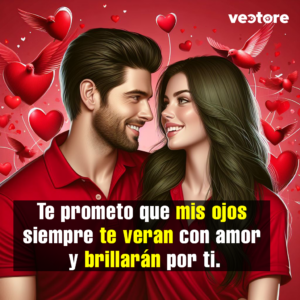 Primer plano de una pareja joven sonriendo y mirándose fijamente a los ojos, vestidos con camisas polo rojas, sobre un fondo decorado con corazones flotantes y figuras de palomas rojas en pleno vuelo.