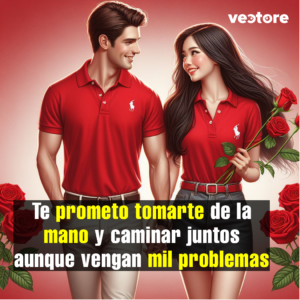 Dibujo digital de una pareja caminando de la mano y sonriendo, ambos usando camisas polo de color rojo; la mujer sostiene unas rosas rojas a un lado, enmarcada por un diseño limpio con rosas en las esquinas inferiores.