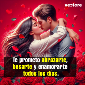 Ilustración romántica en primer plano de una pareja abrazándose apasionadamente y dándose un beso en los labios. El fondo es de color rojo intenso con pétalos de rosa flotando en el aire, y la escena está enmarcada por un denso arreglo de rosas rojas en la parte inferior.