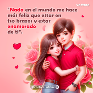 Dibujo animado de una pareja de jóvenes enamorados abrazándose tiernamente, vestidos con camisetas rojas, frente a un ramo de rosas y corazones flotantes.