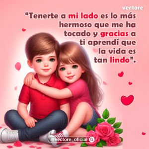 Ilustración de una niña chibi abrazando por el hombro a un niño sentado en el suelo; ambos tienen ojos verdes brillantes y sonríen junto a un arreglo de rosas rosadas sobre fondo rosa.