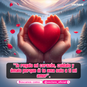 Manos abiertas sosteniendo un gran corazón rojo cubierto con un toque de nieve, con un fondo de bosque de pinos nevados y montañas en invierno. Imagen de amor para WhatsApp.