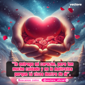 Ilustración conceptual en 3D de unas manos sosteniendo un corazón rojo que descansa sobre un lecho de rosas rojas, bajo un cielo estrellado y un bosque nevado en el fondo.
