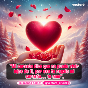 Una mano sosteniendo una rosa roja de la cual emerge un corazón rojo brillante que flota hacia un cielo iluminado en un paisaje invernal. Fondo con pinos y nieve.