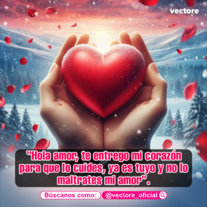 Composición digital en 3D de unas manos sosteniendo un corazón rojo escarchado de nieve durante una sutil nevada, con montañas blancas y un cielo de tonos rosados al fondo.