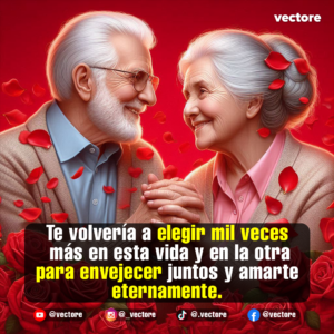 Ilustración digital de una adorable pareja de ancianos sonriéndose mutuamente y tomados de la mano, rodeados de pétalos flotantes y un jardín de rosas rojas sobre fondo rojo.