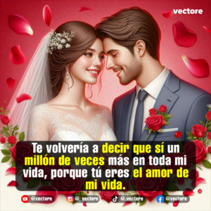 Arte romántico de una pareja de novios el día de su boda; la novia con velo blanco y el novio con traje elegante juntan sus frentes con ternura en un entorno decorado con rosas rojas.