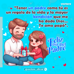 Caricatura infantil en fondo azul de un tierno padre sentado con las piernas cruzadas que recibe un regalo envuelto con un lazo rojo de manos de su pequeña e hija sonriente.