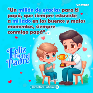 Dibujo animado en estilo tierno donde un padre con camisa blanca y corbata le entrega un trofeo dorado con un corazón grabado a su pequeño hijo, quien aplaude feliz sentado en una silla de madera.
