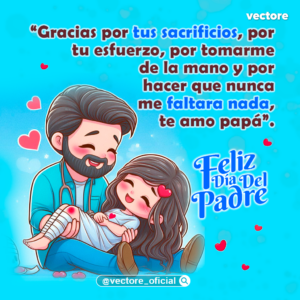 Ilustración animada de un padre médico o enfermero con un estetoscopio al cuello, cargando con amor en sus brazos a su pequeña hija que tiene una venda en la rodilla, rodeados de corazones en un fondo celeste.
