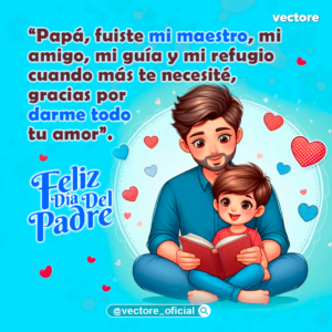 Caricatura de un padre joven sentado en el suelo leyendo un libro rojo junto a su pequeño hijo, ambos muy sonrientes y rodeados de un fondo decorado con corazones de colores.