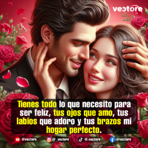 Ilustración digital de una pareja enamorada con los rostros muy juntos. El hombre acaricia suavemente el cabello de la mujer mientras ella sonríe con ternura, rodeados de un fondo de rosas rojas y pétalos flotando en el aire.
