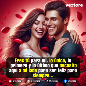 Dibujo romántico de una pareja joven riendo y abrazándose con felicidad. La mujer lleva un vestido blanco de hombros descubiertos y el hombre una camisa oscura, rodeados de pétalos de rosa flotando sobre un fondo degradado rojo.