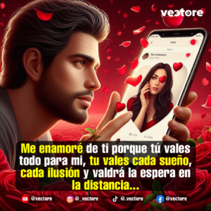 Ilustración romántica de un joven con barba mirando con ternura la pantalla de su teléfono celular, la cual muestra la foto de su novia con un filtro de corazones, en medio de un fondo cubierto de pétalos y rosas rojas.