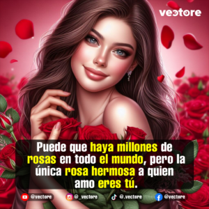 Arte digital de una mujer joven y hermosa de cabello largo y castaño, sosteniendo un ramo de rosas rojas cerca de su rostro con una sonrisa sutil. El fondo muestra un campo difuminado de rosas rojas y pétalos flotando.