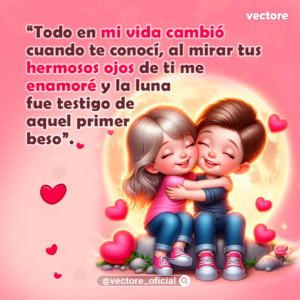 Ilustración tierna de una pareja abrazada sentada sobre una roca bajo la luz de una luna llena gigante, rodeada de corazones flotantes en un fondo rosa mágico.