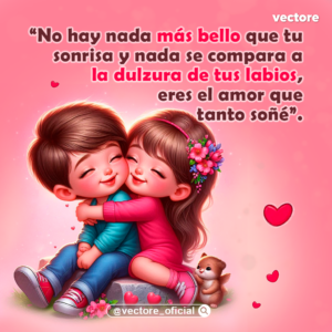 Hermosa ilustración animada de un niño con suéter azul claro y una niña con vestido rosa y una colorida corona de flores en el cabello; se abrazan con ternura sentados en una roca junto a un pequeño gatito con alas, sobre fondo rosa.