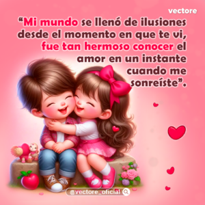 Ilustración infantil en la que un niño con camisa a cuadros y una niña con vestido rosa y un gran moño fucsia en el cabello están sentados juntos, abrazándose alegremente con las mejillas sonrojadas sobre un fondo rosa suave.