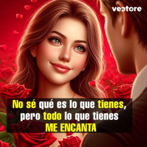 Ilustración digital de una mujer joven con cabello castaño claro que mira fijamente y sonríe con dulzura a un hombre, del cual se ve su perfil en primer plano. El ambiente está decorado con rosas rojas e íconos de pequeños corazones rojos flotando sobre un fondo carmesí.