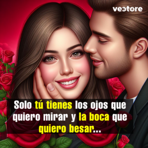 Primer plano de una pareja sonriente donde el hombre sostiene delicadamente la mejilla de la mujer con su mano. Ambos lucen felices sobre un fondo rojo, rodeados de rosas rojas abiertas y hojas verdes en las esquinas inferiores.