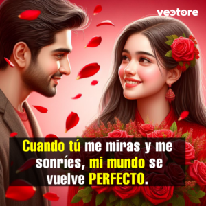 Ilustración artística de una pareja joven mirándose fijamente con una sonrisa enamorada. La mujer sostiene un gran ramo de rosas rojas y lleva una rosa en su cabello, mientras pétalos rojos flotan a su alrededor sobre un fondo en tono rosa pastel.