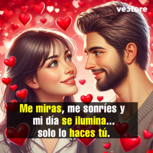 Retrato romántico digital de un hombre con barba y una mujer con flequillo mirándose con ternura a los ojos y sonriendo. El fondo está completamente cubierto de corazones rojos y blancos difuminados de diferentes tamaños.