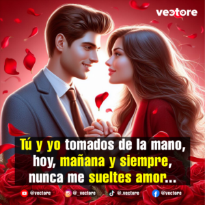 Ilustración elegante de una pareja vestida formalmente (él con saco gris y corbata, ella con abrigo rojo) tomados de la mano y mirándose con complicidad. La escena está decorada con pétalos flotantes y rosas rojas en la parte inferior sobre un fondo con un destello brillante.