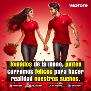 Ilustración digital de una pareja sonriente corriendo de frente y tomados de la mano. Ambos visten playeras tipo polo de color rojo idénticas y pantalones oscuros; la mujer sostiene un ramo de rosas rojas en su mano derecha mientras pétalos de rosa flotan en el aire sobre un fondo luminoso y festivo.