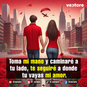 Vista desde atrás de un hombre y una mujer caminando tomados de la mano por una avenida asfaltada hacia un paisaje urbano inspirado en Nueva York, con rascacielos como el Empire State y autobuses rojos a los lados. La mujer sostiene una sola rosa roja y el suelo está salpicado de pétalos.