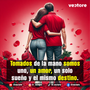 Vista trasera de una pareja caminando abrazada por los hombros y la cintura. Ambos visten playeras rojas y jeans; ella lleva un bolso rojo y él sostiene un ramo de rosas rojas a un costado. El camino está alfombrado de pétalos y rodeado de rosas rojas bajo un fondo de tono carmesí.