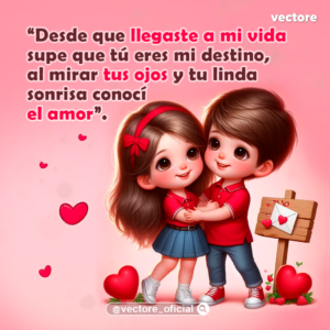 Arte digital de una pareja infantil vestida con ropa combinada de color rojo y azul; se abrazan cariñosamente junto a un buzón de madera rústica que contiene una carta de amor con un corazón rojo, sobre un fondo rosa pastel.