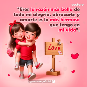 Ilustración animada de un niño con playera roja que lleva a una niña con la misma playera roja y un moño a juego en la espalda (piggyback ride); ambos sonríen felices junto a un letrero de madera que dice "LOVE" decorado con pequeños ositos, sobre un fondo rosado.