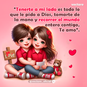 Ilustración tierna de estilo chibi que muestra a un niño y una niña con playeras rojas idénticas sentados juntos; el niño la abraza de lado mientras ella sostiene una pequeña hoja de papel, acompañados de un osito de peluche con un moño rojo sobre un fondo rosado.