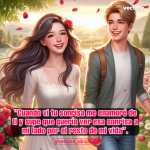 Ilustración digital en 3D de una pareja de jóvenes sonrientes caminando de la mano; la mujer lleva un vestido blanco con una rosa roja en el cabello y el hombre una chaqueta verde con mochila, rodeados de flores y pétalos flotantes.