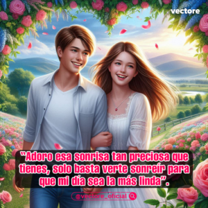 Arte conceptual en 3D de un joven con camisa blanca abierta y una joven con vestido blanco tomados del brazo y sonriendo felices, enmarcados por un arco superior de hojas y flores bajo un cielo soleado.