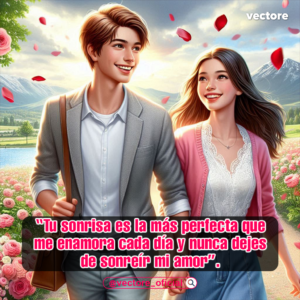 Dibujo romántico en 3D de una pareja paseando de la mano por un sendero campestre; el hombre viste un saco gris y camisa blanca, y la mujer lleva un cárdigan rosa sobre una blusa blanca, con montañas nevadas al fondo.
