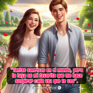 Ilustración en 3D de un hombre con camisa azul clara y una mujer con vestido blanco caminando de la mano y sonriendo alegremente en un amplio jardín verde con arbustos florales durante el atardecer.