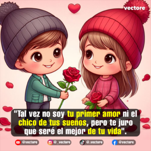 Dibujo animado de estilo chibi donde un niño con gorro gris le entrega una rosa roja a una niña con gorro y vestido rosa, bajo un fondo claro con corazones.