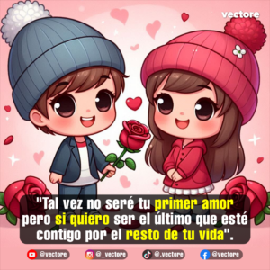 Adorable ilustración chibi de un niño con gorro azul dándole una rosa roja a una niña feliz con gorro rosa, rodeados de flores y corazones flotantes.