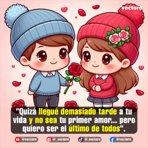 Ilustración infantil de un niño con sudadera celeste y gorro azul ofreciendo una rosa a una niña con chaqueta roja y gorro rosa adornado con flores.